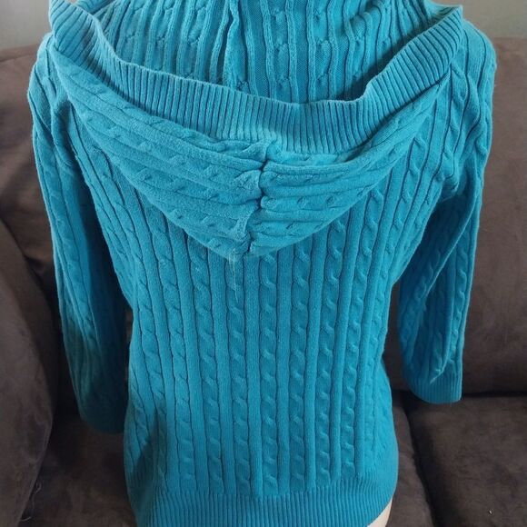 Willi Smith Turquoise Cable Knit Hooded Button-Up Cardigan - Picture 2 of 3